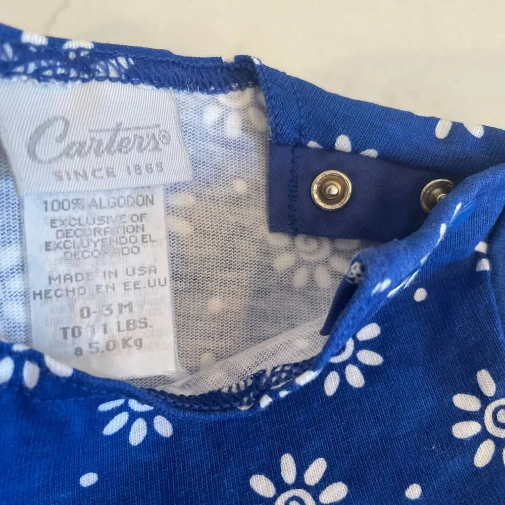 Carters 100% Cotton Floral Romper Onesie Bodysuit Blue White Size 0-3 Months